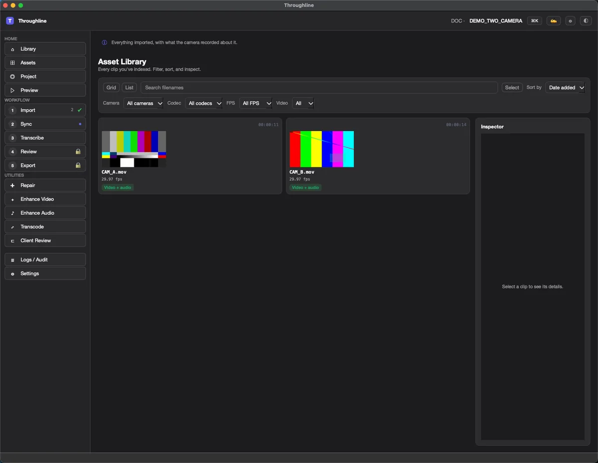 The Asset Library showing indexed clips with frame rate and codec, and an inspector panel