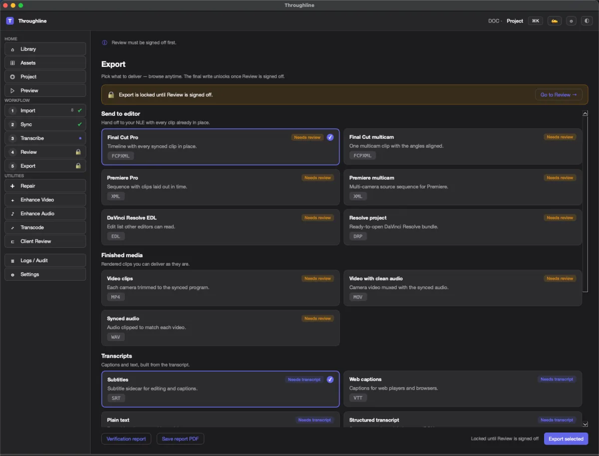 The Export screen listing deliverable formats, locked until review is signed off