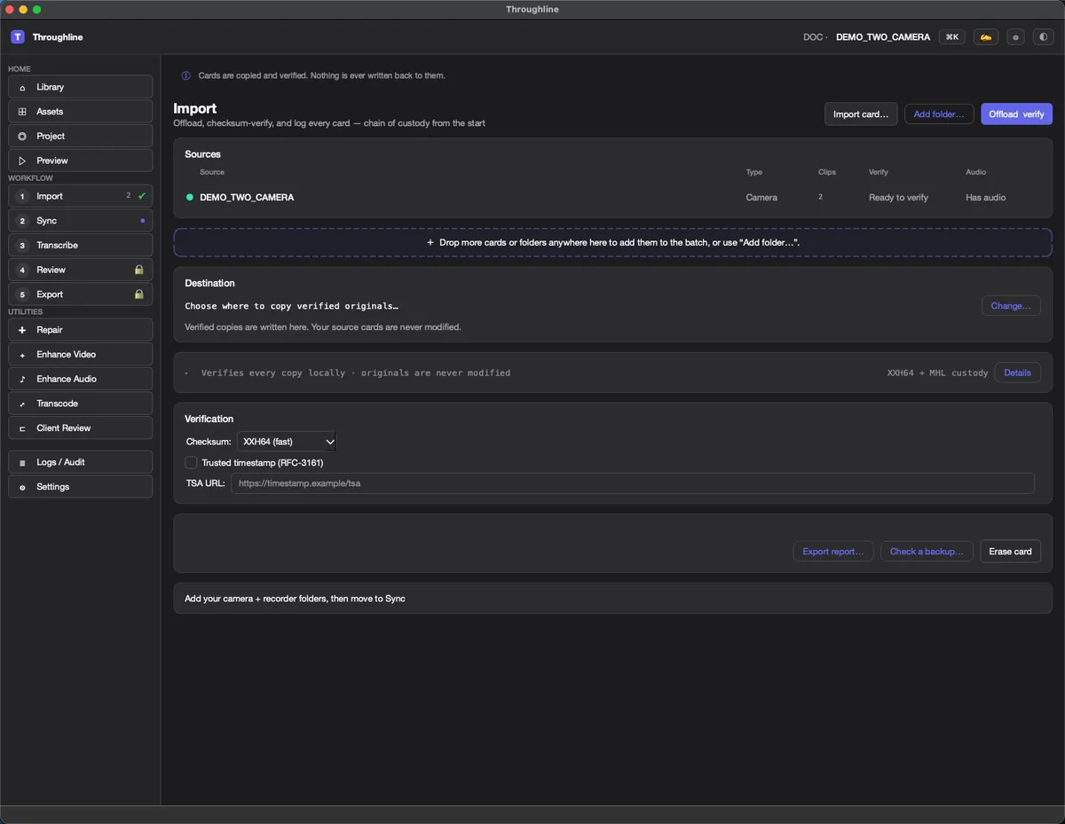 The Import screen showing a camera folder queued for offload, with the checksum algorithm and MHL manifest options