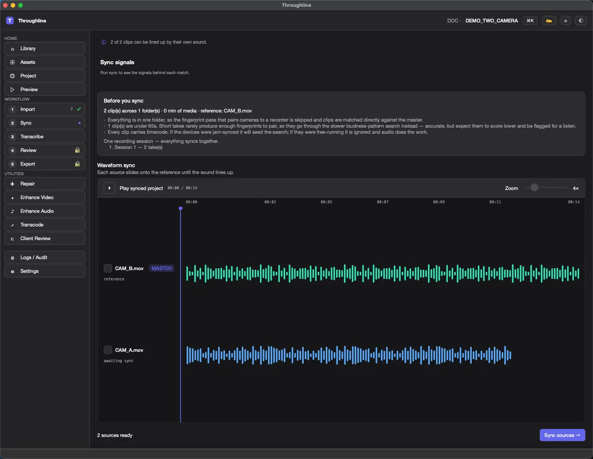 The Sync screen showing two camera sources as waveform lanes against a reference, marked ready to sync
